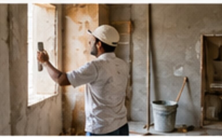 Construction professional inspecting the wall finish of an older home