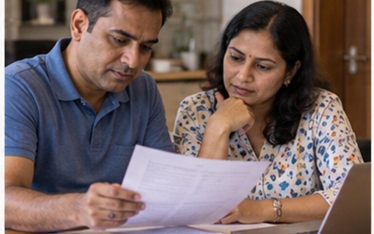 Home buyer reviewing a loan sanction document at a table